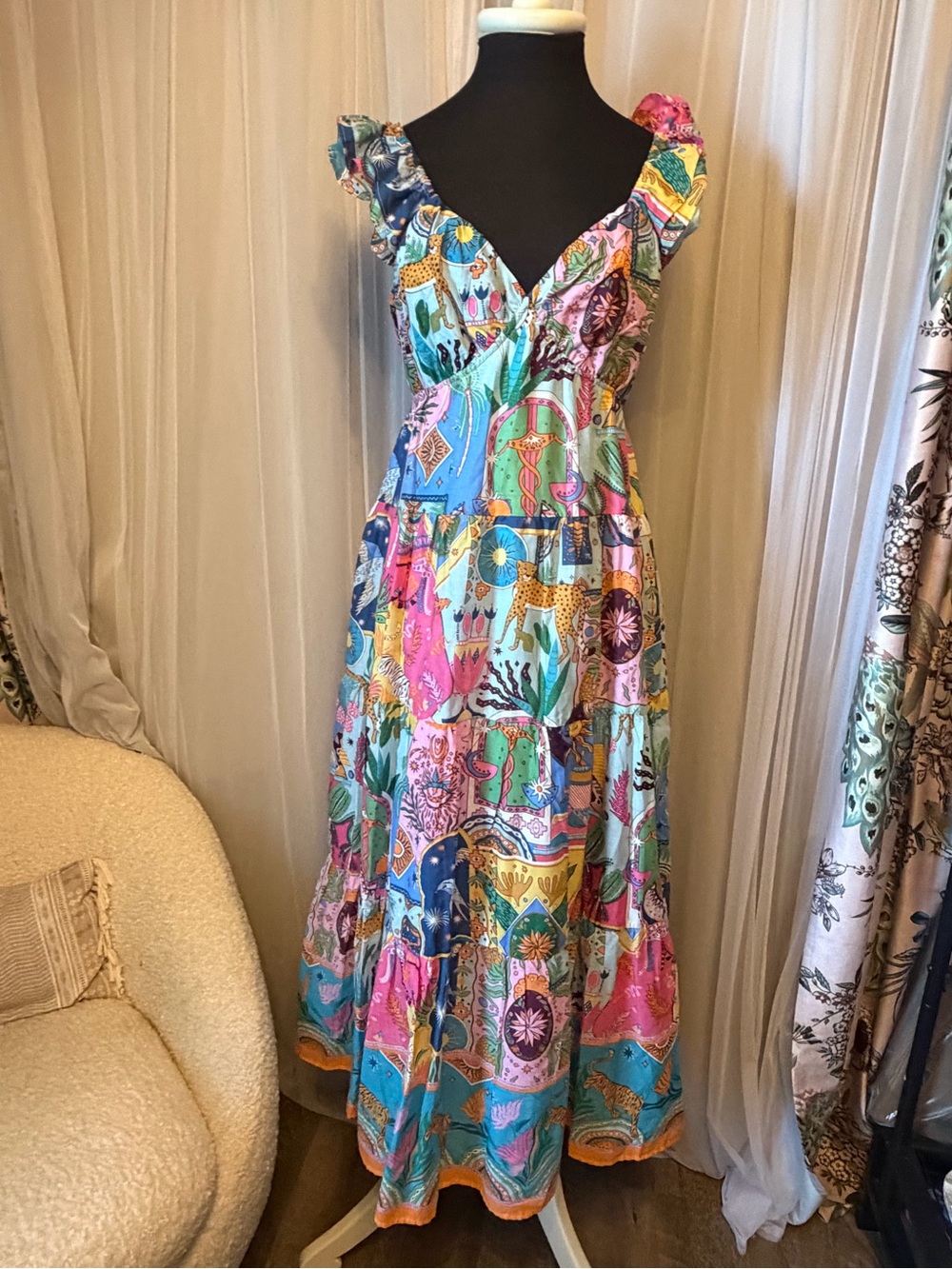 V-Neck Multicolor Tropical Patchwork Maxi Dress